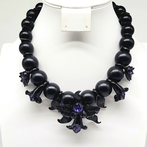 SOLD-Givenchy Amethyst Swarovski Crystal Dark Black Orchid Statement Necklace - Picture 5 of 12